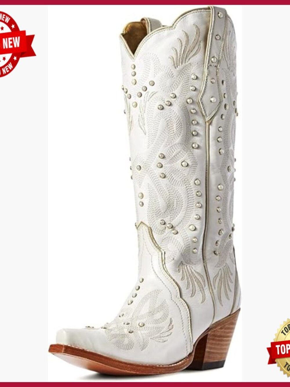 Knee High Cowboy Boots with Pearl Embellishment Chunky Heel Pull On